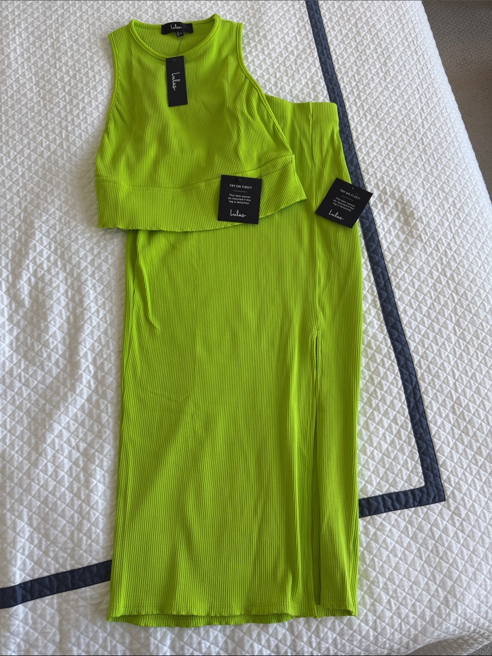 NEW with tags Lulu's Neon Lime Ribbed Midi Tank & Skirt Set